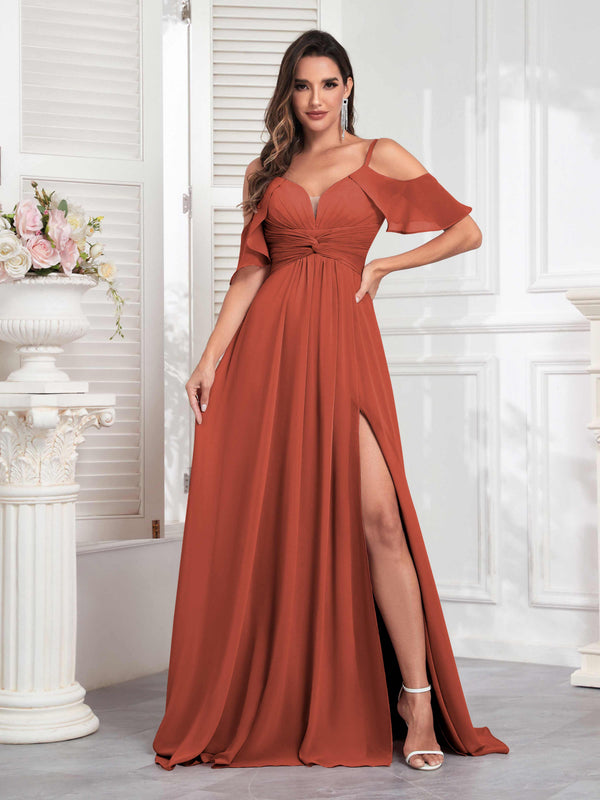 Rust Refined Off The Shoulder Spaghetti Straps Chiffon Bridesmaid Dresses