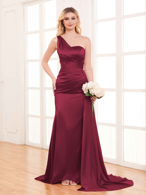 Burgundy Refined One Shoulder Train Trumpet Stretch Satin Bridesmaid Dresses