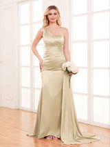 Refined One Shoulder Train Trumpet Stretch Satin Bridesmaid Dresses