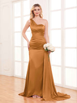 Refined One Shoulder Train Trumpet Stretch Satin Bridesmaid Dresses