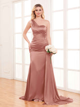 Refined One Shoulder Train Trumpet Stretch Satin Bridesmaid Dresses