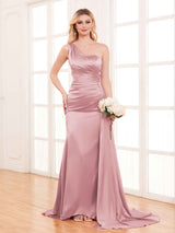 Refined One Shoulder Train Trumpet Stretch Satin Bridesmaid Dresses