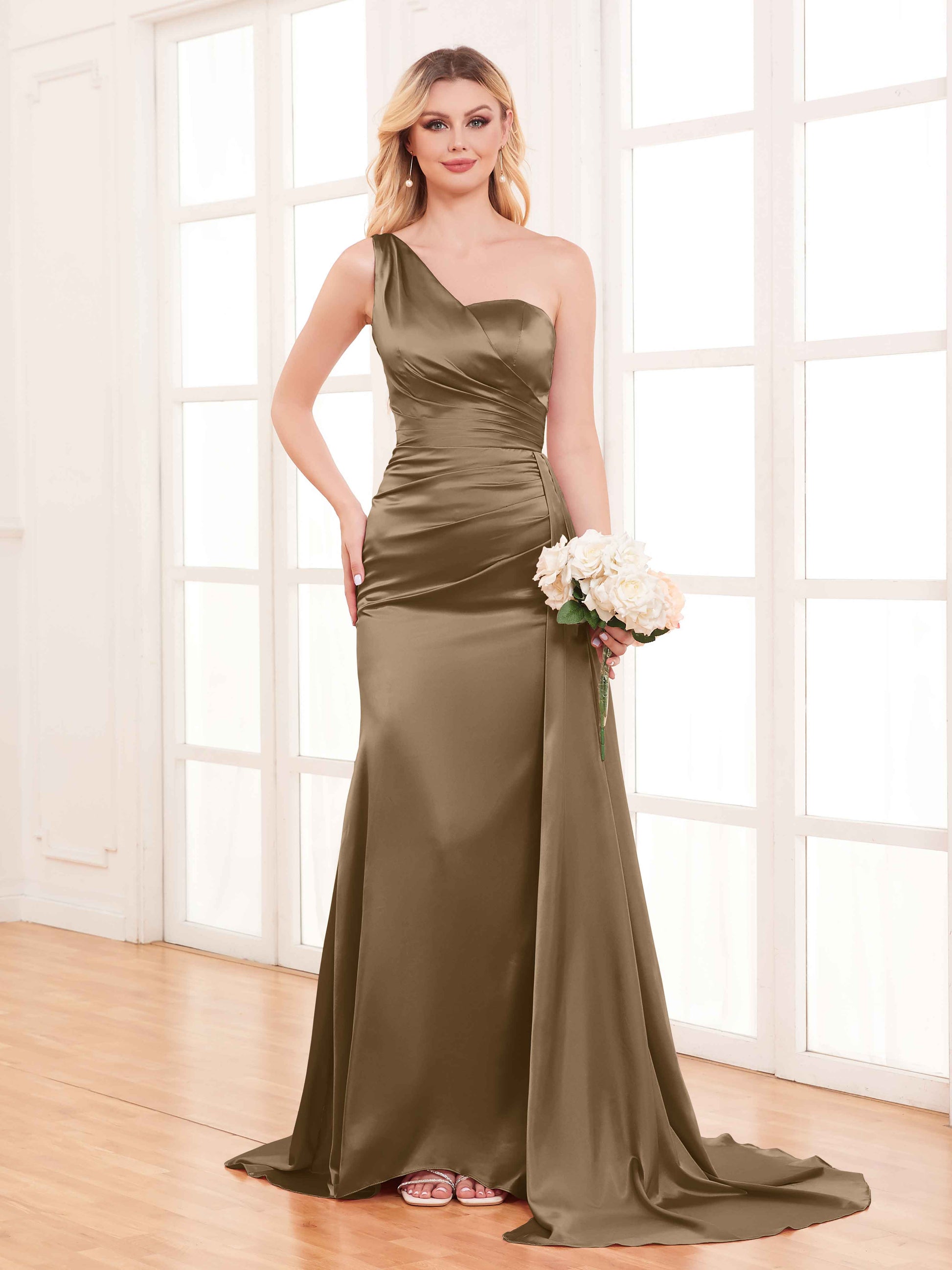Refined One Shoulder Train Trumpet Stretch Satin Bridesmaid Dresses –