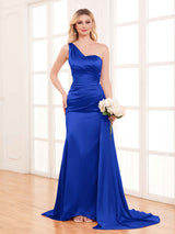 Refined One Shoulder Train Trumpet Stretch Satin Bridesmaid Dresses