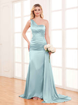 Refined One Shoulder Train Trumpet Stretch Satin Bridesmaid Dresses