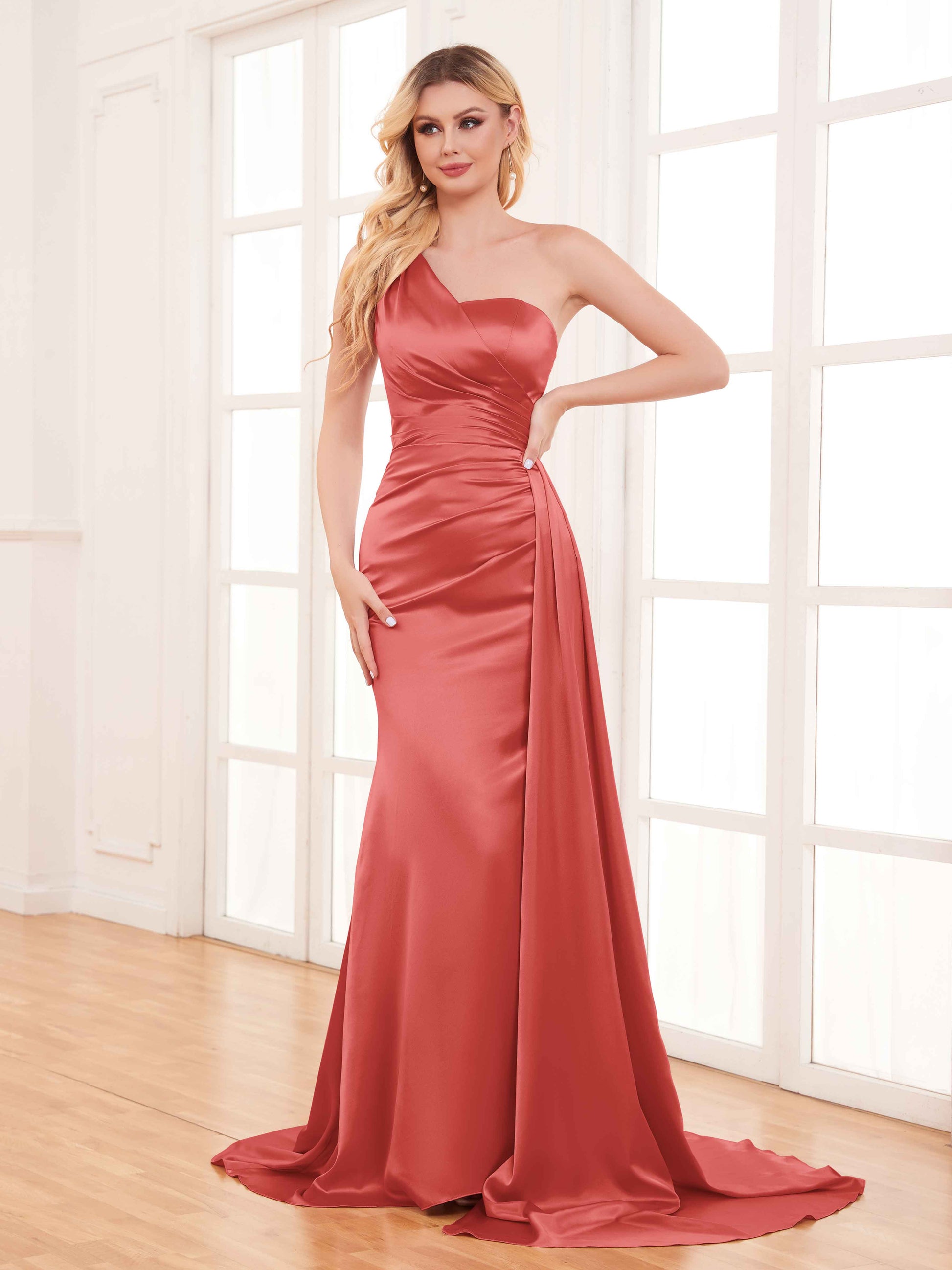 Refined One Shoulder Train Trumpet Stretch Satin Bridesmaid Dresses mollyevers.com Refined One Shoulder Train Trumpet Stretch Satin Bridesmaid Dresses mollyevers.com