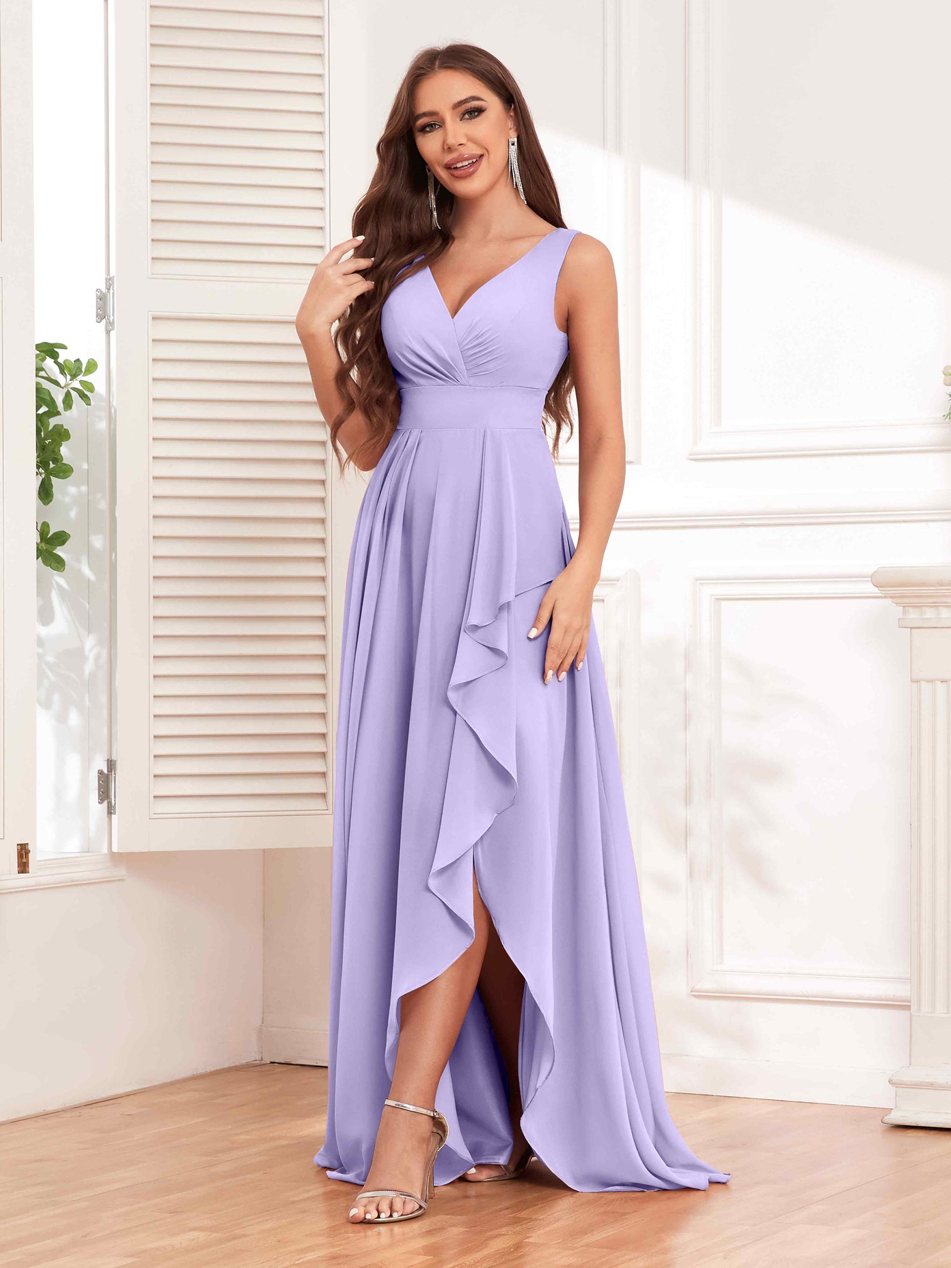 Refined Ruffles V-Neck Sleeveless Chiffon Bridesmaid Dresses mollyevers.com Refined Ruffles V-Neck Sleeveless Chiffon Bridesmaid Dresses mollyevers.com