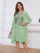 Refined Scoop Neck Two Pieces Lace Chiffon Knee Length Mother Of The Bride Dresses