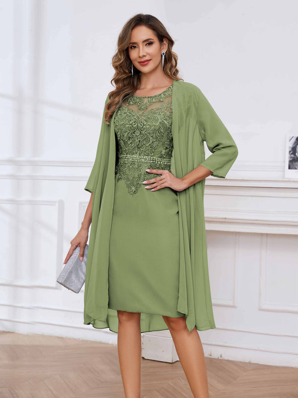 Olive Green Refined Scoop Neck Two Pieces Lace Chiffon Knee Length Mother Of The Bride Dresses