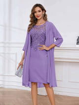 Refined Scoop Neck Two Pieces Lace Chiffon Knee Length Mother Of The Bride Dresses