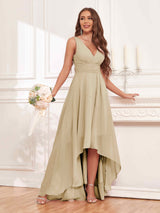Refined Sleeveless High Low Chiffon Bridesmaid Dresses With Pockets