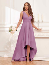 Refined Sleeveless High Low Chiffon Bridesmaid Dresses With Pockets