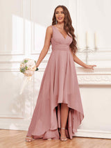 Refined Sleeveless High Low Chiffon Bridesmaid Dresses With Pockets