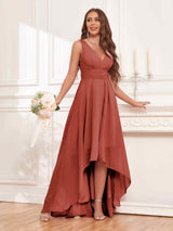 Refined Sleeveless High Low Chiffon Bridesmaid Dresses With Pockets