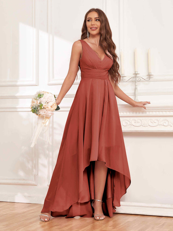 Rust Refined Sleeveless High Low Chiffon Bridesmaid Dresses With Pockets