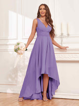 Refined Sleeveless High Low Chiffon Bridesmaid Dresses With Pockets