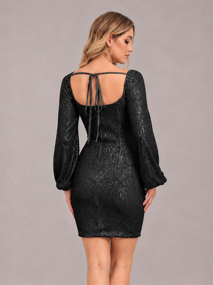 Black Refined Square Neck Long Sleeves Sequins Mini Homecoming Dresses