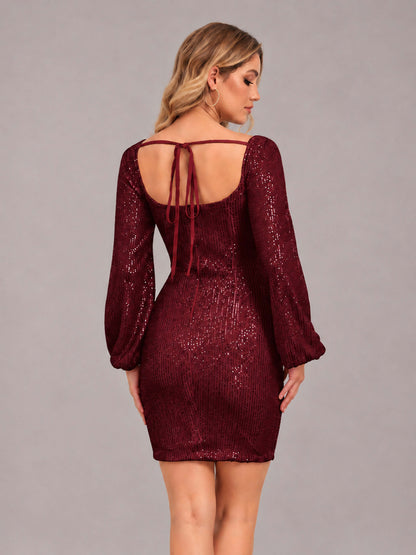 Burgundy Refined Square Neck Long Sleeves Sequins Mini Homecoming Dresses