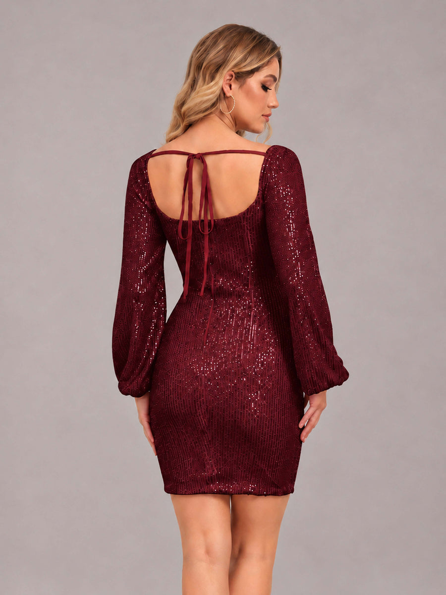 Burgundy Refined Square Neck Long Sleeves Sequins Mini Homecoming Dresses