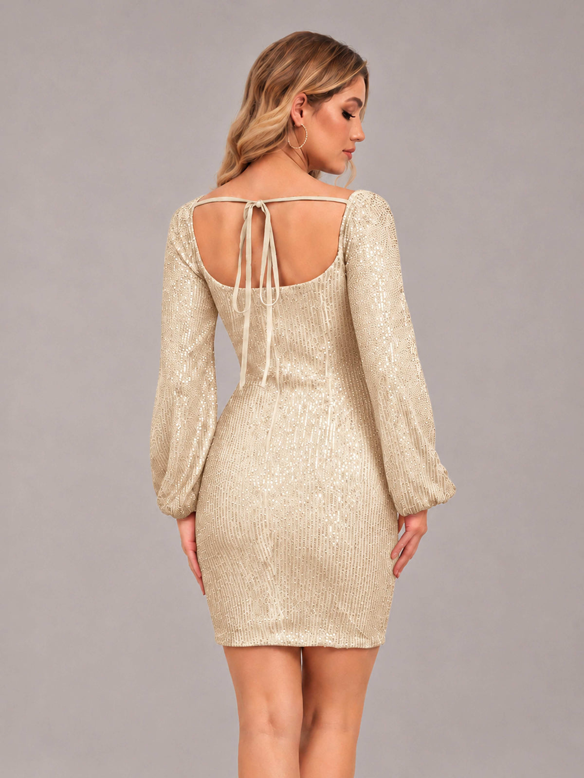 Champagne Refined Square Neck Long Sleeves Sequins Mini Homecoming Dresses