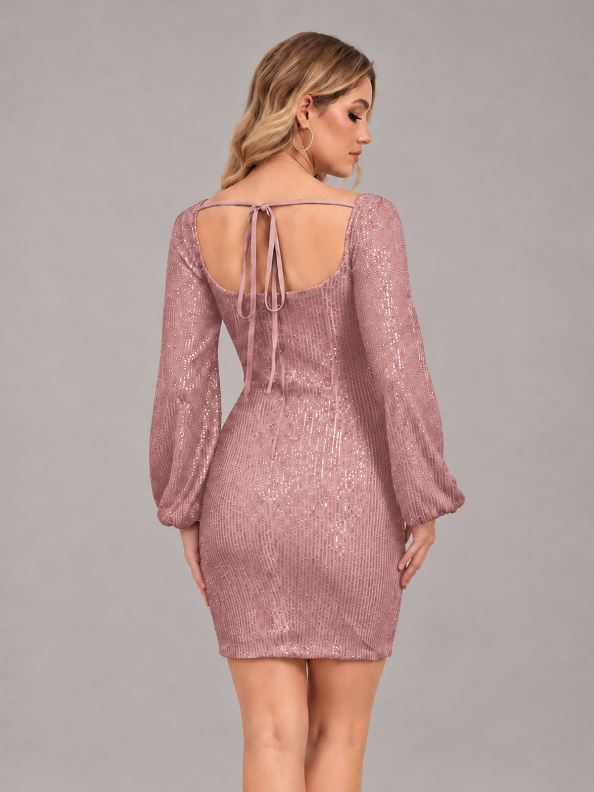 Dusty Rose Refined Square Neck Long Sleeves Sequins Mini Homecoming Dresses