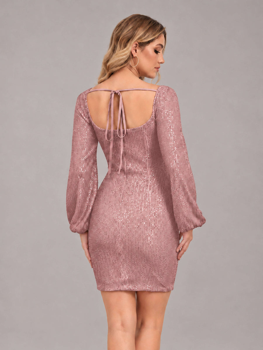 Dusty Rose Refined Square Neck Long Sleeves Sequins Mini Homecoming Dresses