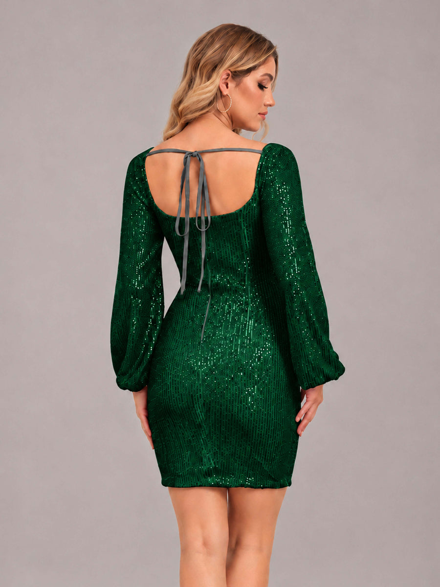Emerald Green Refined Square Neck Long Sleeves Sequins Mini Homecoming Dresses