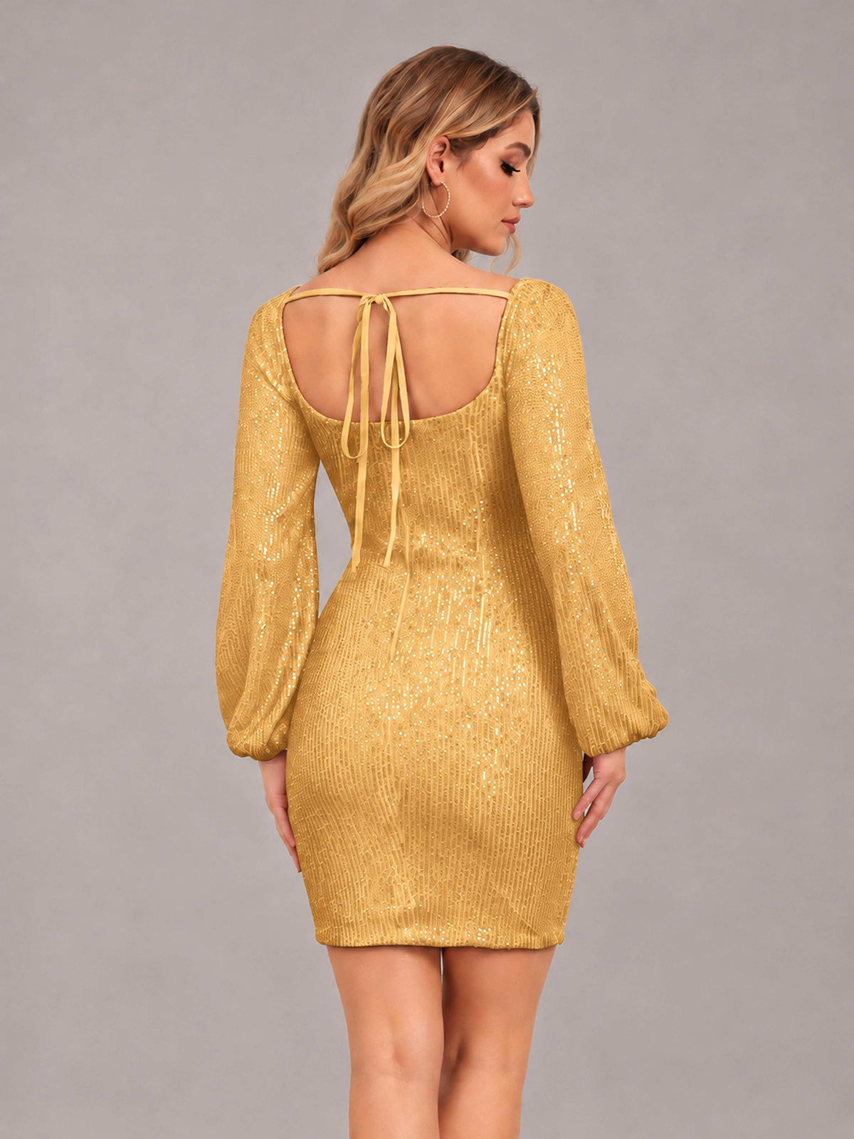 Gold Refined Square Neck Long Sleeves Sequins Mini Homecoming Dresses