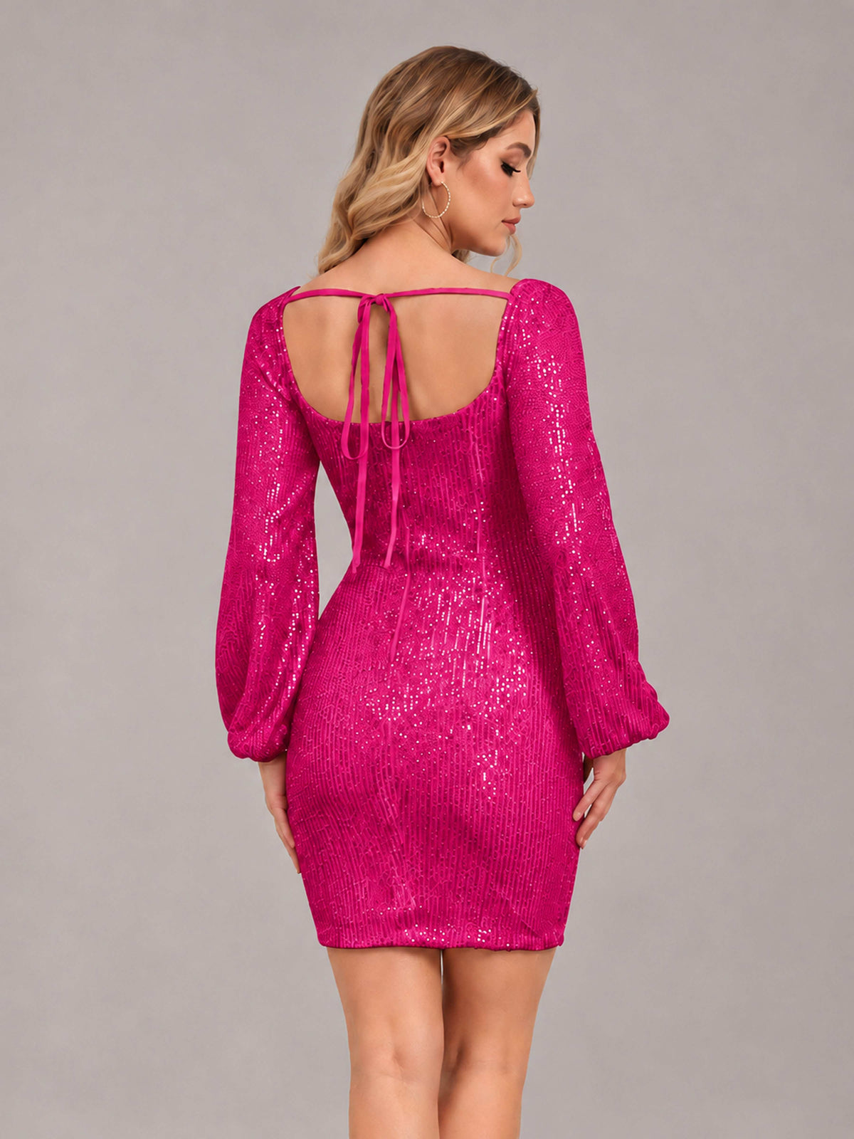 Hot Pink Refined Square Neck Long Sleeves Sequins Mini Homecoming Dresses
