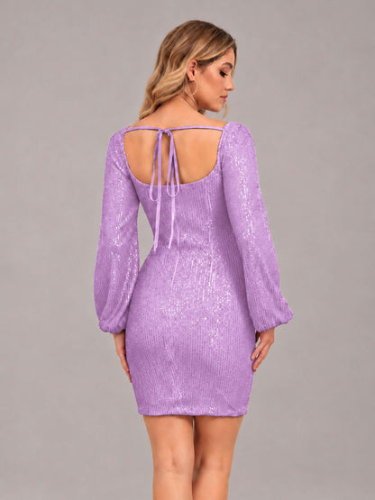 Lilac Refined Square Neck Long Sleeves Sequins Mini Homecoming Dresses