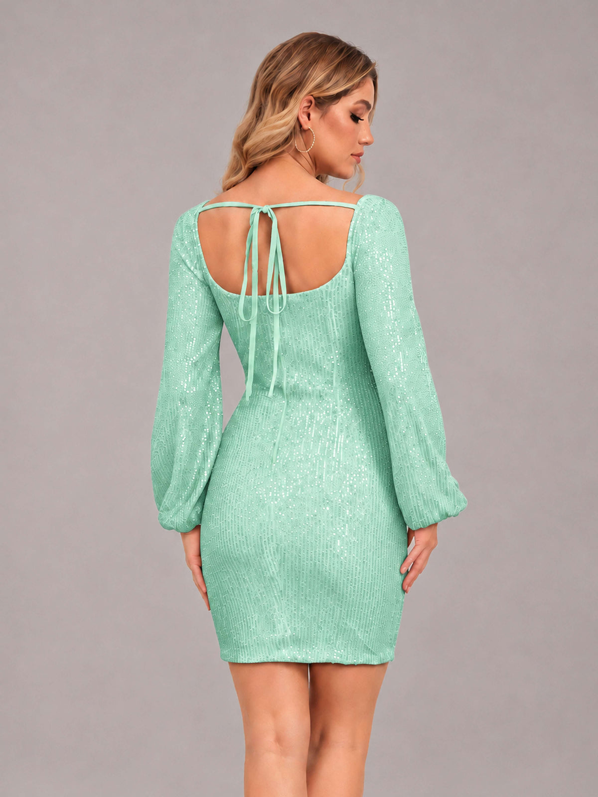 Mint Green Refined Square Neck Long Sleeves Sequins Mini Homecoming Dresses