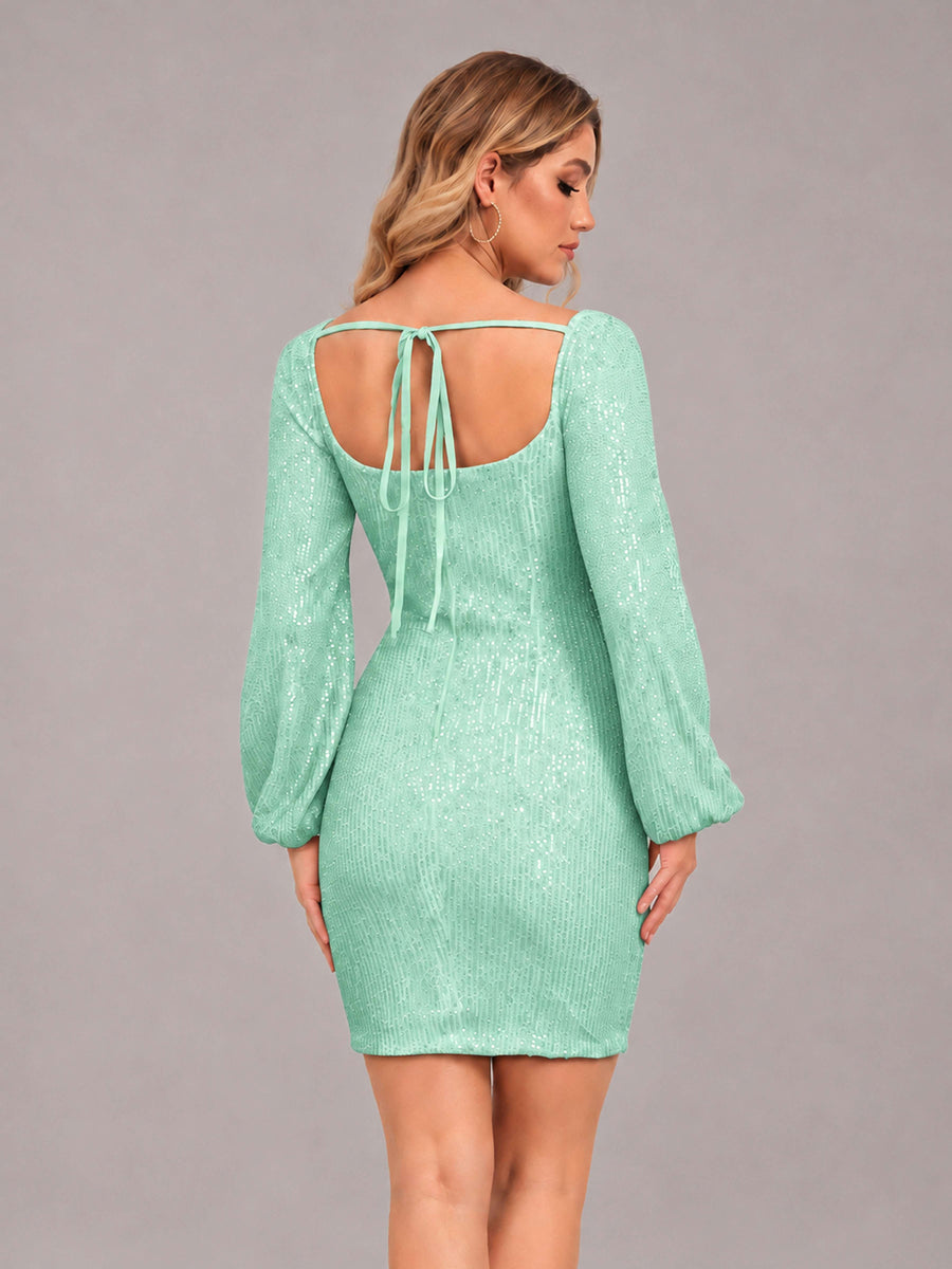 Mint Green Refined Square Neck Long Sleeves Sequins Mini Homecoming Dresses