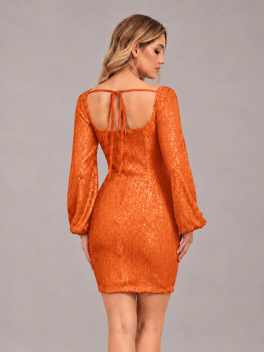 Orange Refined Square Neck Long Sleeves Sequins Mini Homecoming Dresses