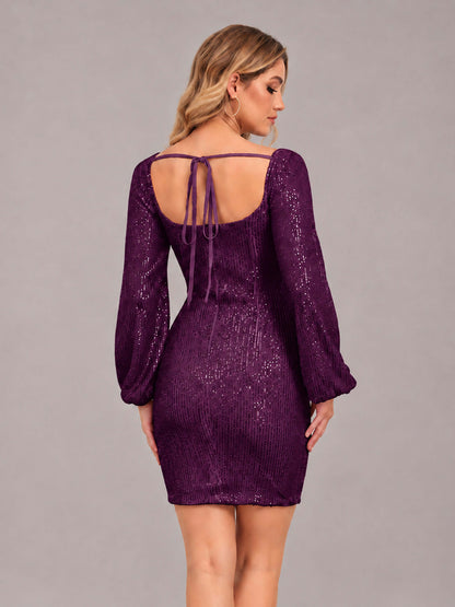 Plum Refined Square Neck Long Sleeves Sequins Mini Homecoming Dresses