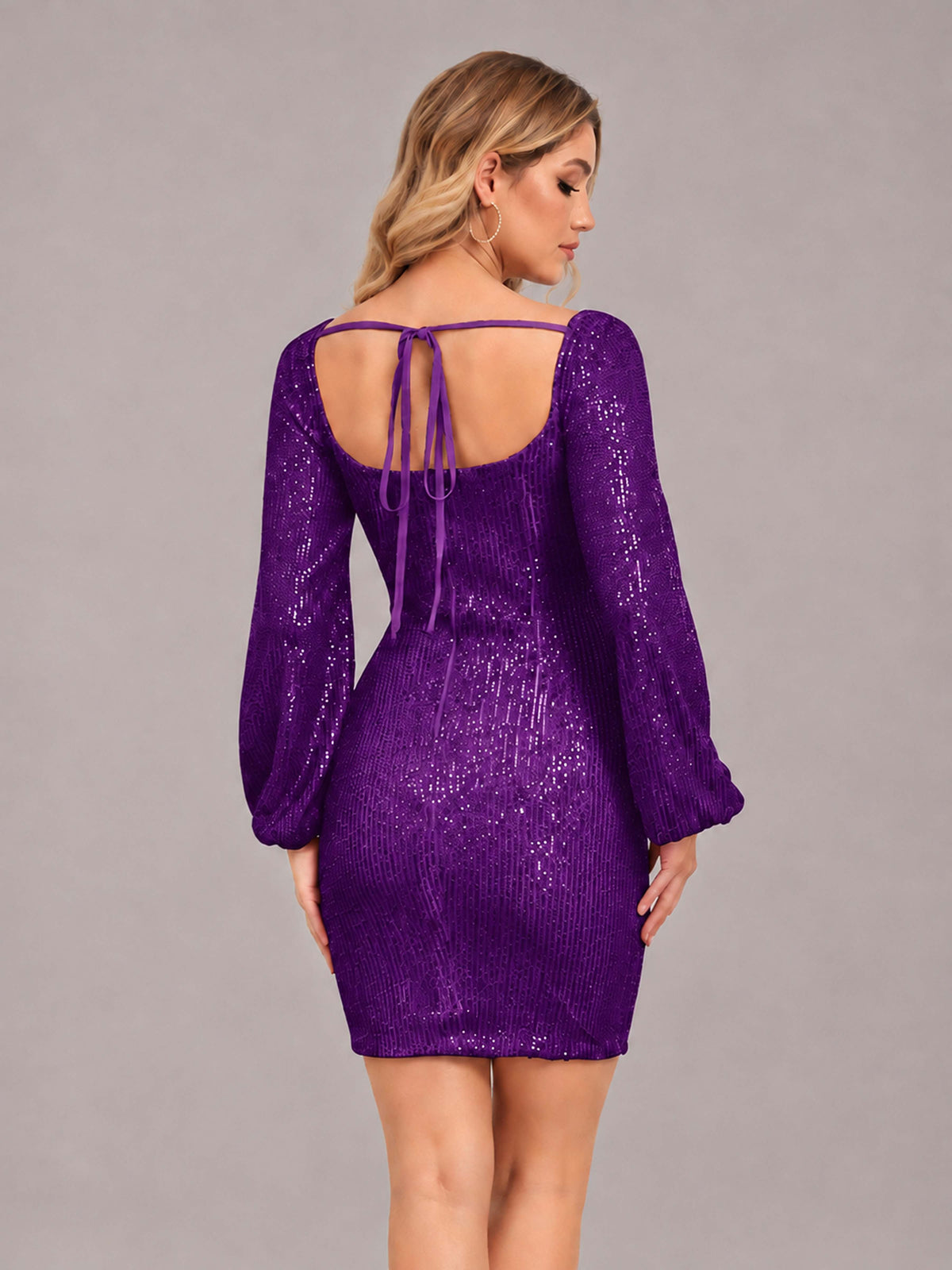 Purple Refined Square Neck Long Sleeves Sequins Mini Homecoming Dresses