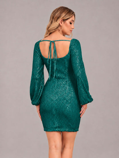 Teal Refined Square Neck Long Sleeves Sequins Mini Homecoming Dresses