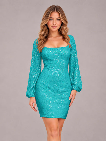 Turquoise Refined Square Neck Long Sleeves Sequins Mini Homecoming Dresses