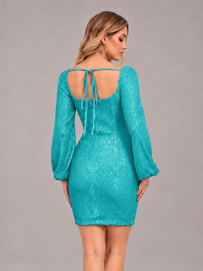 Turquoise Refined Square Neck Long Sleeves Sequins Mini Homecoming Dresses