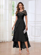 Regal Round Neck Short Sleeves Ruffles Chiffon High Low Mother Of The Bride Dresses