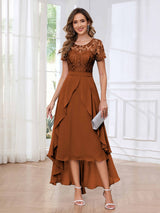 Regal Round Neck Short Sleeves Ruffles Chiffon High Low Mother Of The Bride Dresses