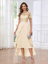 Regal Round Neck Short Sleeves Ruffles Chiffon High Low Mother Of The Bride Dresses