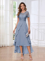 Regal Round Neck Short Sleeves Ruffles Chiffon High Low Mother Of The Bride Dresses