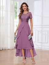 Regal Round Neck Short Sleeves Ruffles Chiffon High Low Mother Of The Bride Dresses