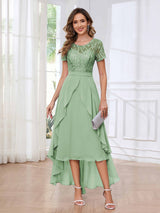 Regal Round Neck Short Sleeves Ruffles Chiffon High Low Mother Of The Bride Dresses