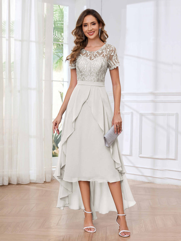 Ivory Regal Round Neck Short Sleeves Ruffles Chiffon High Low Mother Of The Bride Dresses