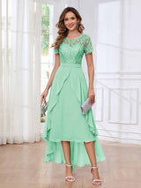 Regal Round Neck Short Sleeves Ruffles Chiffon High Low Mother Of The Bride Dresses
