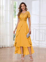 Regal Round Neck Short Sleeves Ruffles Chiffon High Low Mother Of The Bride Dresses
