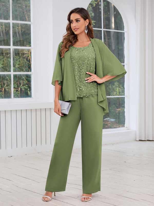 Olive Green Regal Scoop Neck Three Pieces Sequins Chiffon Mother Of The Bride Dresses