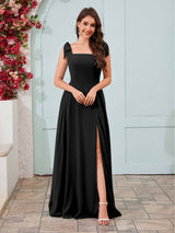 Regal Square Neck Slit A-Line Chiffon Bridesmaid Dresses