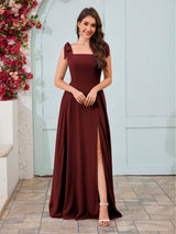 Regal Square Neck Slit A-Line Chiffon Bridesmaid Dresses